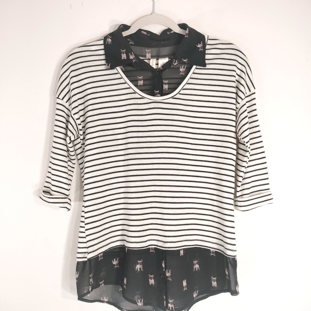 French Bulldog Print/Striped Top; Red Camel; Layered Hem, 3/4 Sleeve